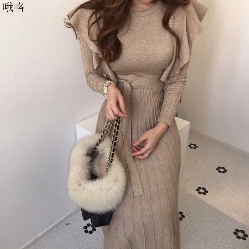 

One-Piece Korea Ladies Ruffled Waist Dress Elegant Knitted Sweater Dresses 2020 Winter Women'S Sweater Knitt Dress Midi Dress