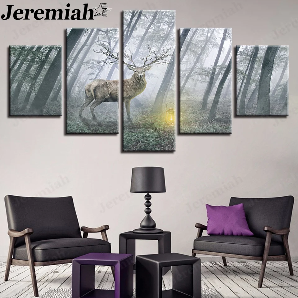 

Modern foggy forest canvas poster cute elk painting HD print wall art Nordic aesthetic home living room decoration accessories
