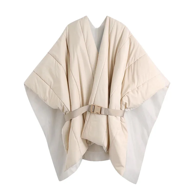 

Pinkou Women Stylish White Thick Padded Coat Bow Tie Belt Shawl Style Wide Sleeve Female Autumn Winter Jacket Tops CA204