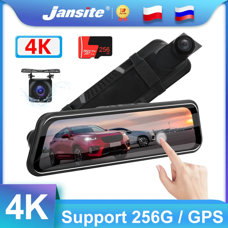 

Jansite 10" Car DVR 4K Dash cam Touch Screen 2160P Dual Lens Time-lapse Video GPS Track Playback Rear Camera Support 256G Card