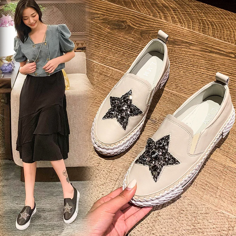 

Women Shoes 35-43 Crystal Genuine Leather Increasing Height Spring Slip On Flats Casual Women Flats Ladies Shoes 2020
