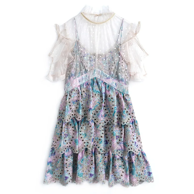 

Fadan FAIRY DRESS super fairy lace hollow out heavy industry embroidery high waist cake skirt dress women's wear 2021 summer