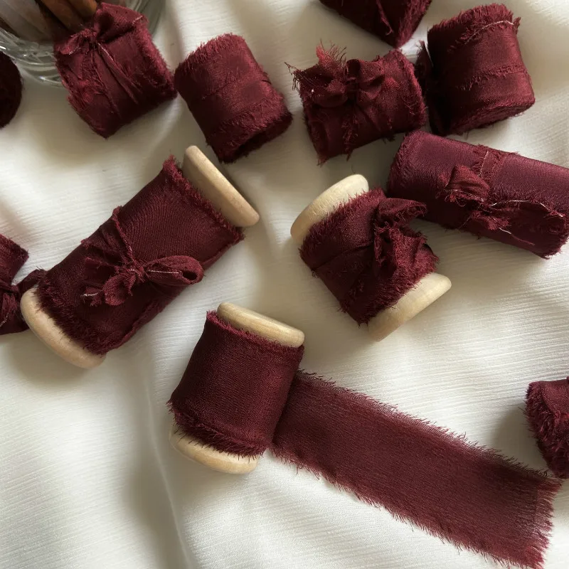 25 мм шифоновые шелковые ленты с необработанными краями бордового и красного