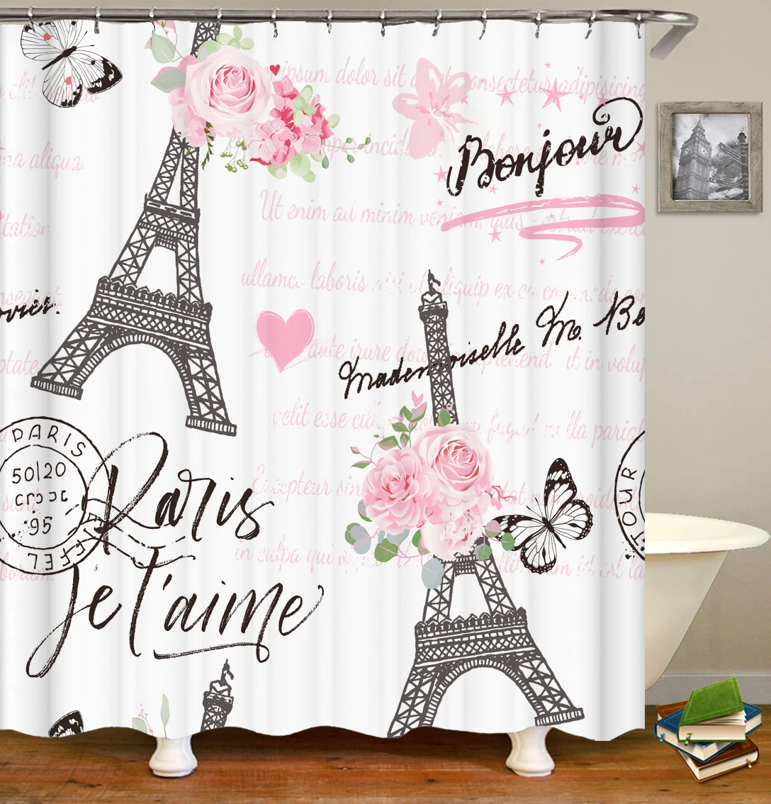 Парижская башня занавеска для душа обнимания влюбленных ванной черно белая