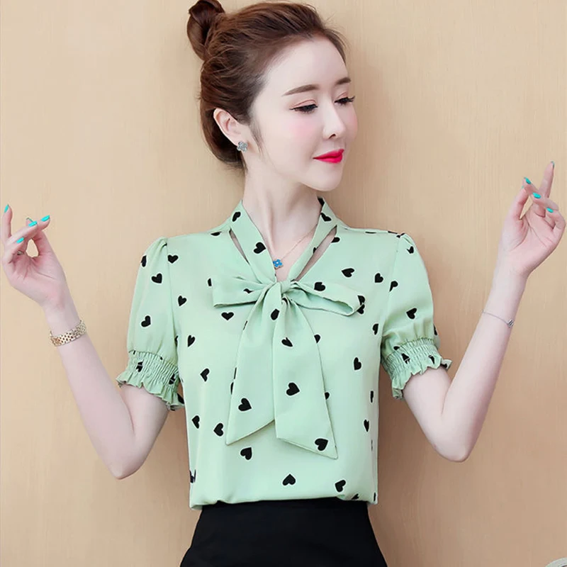 

Women Spring Summer Style Chiffon Blouses Shirts Lady Casual Short Sleeve Bow Tie Heart Printed Blusas Tops ZZ0392