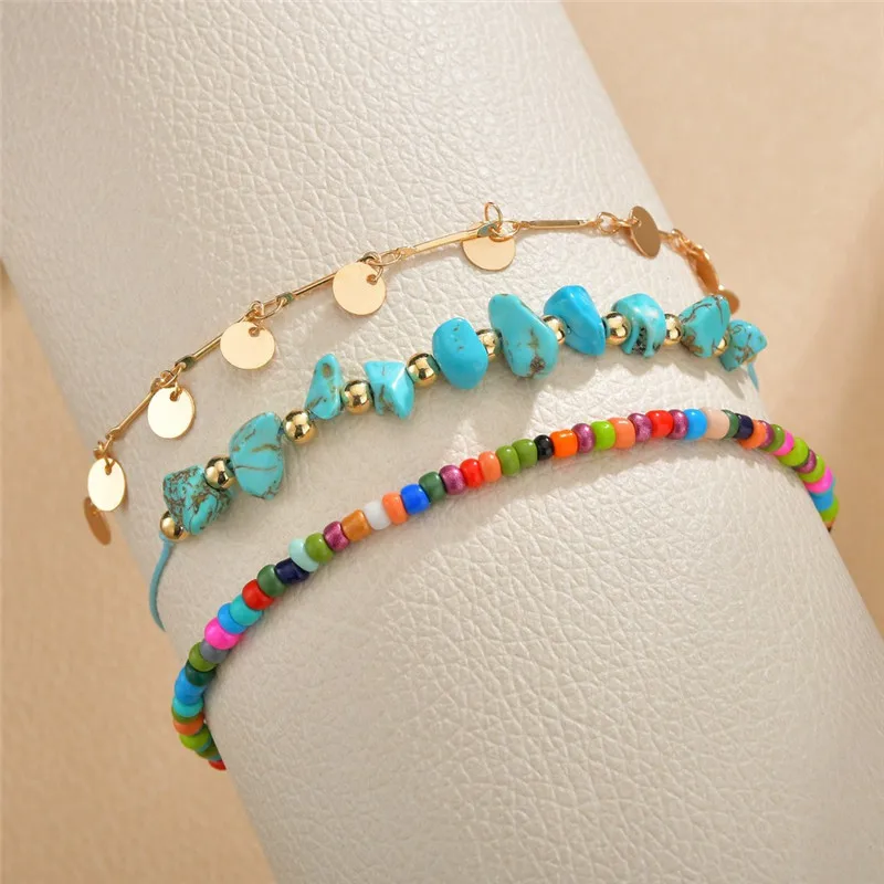 

VAGZEB 3pcs/set Bohemian Gold Color Sequins Anklet Set Handmade Natural Stone Anklet for Women Summer Beach Jewelry