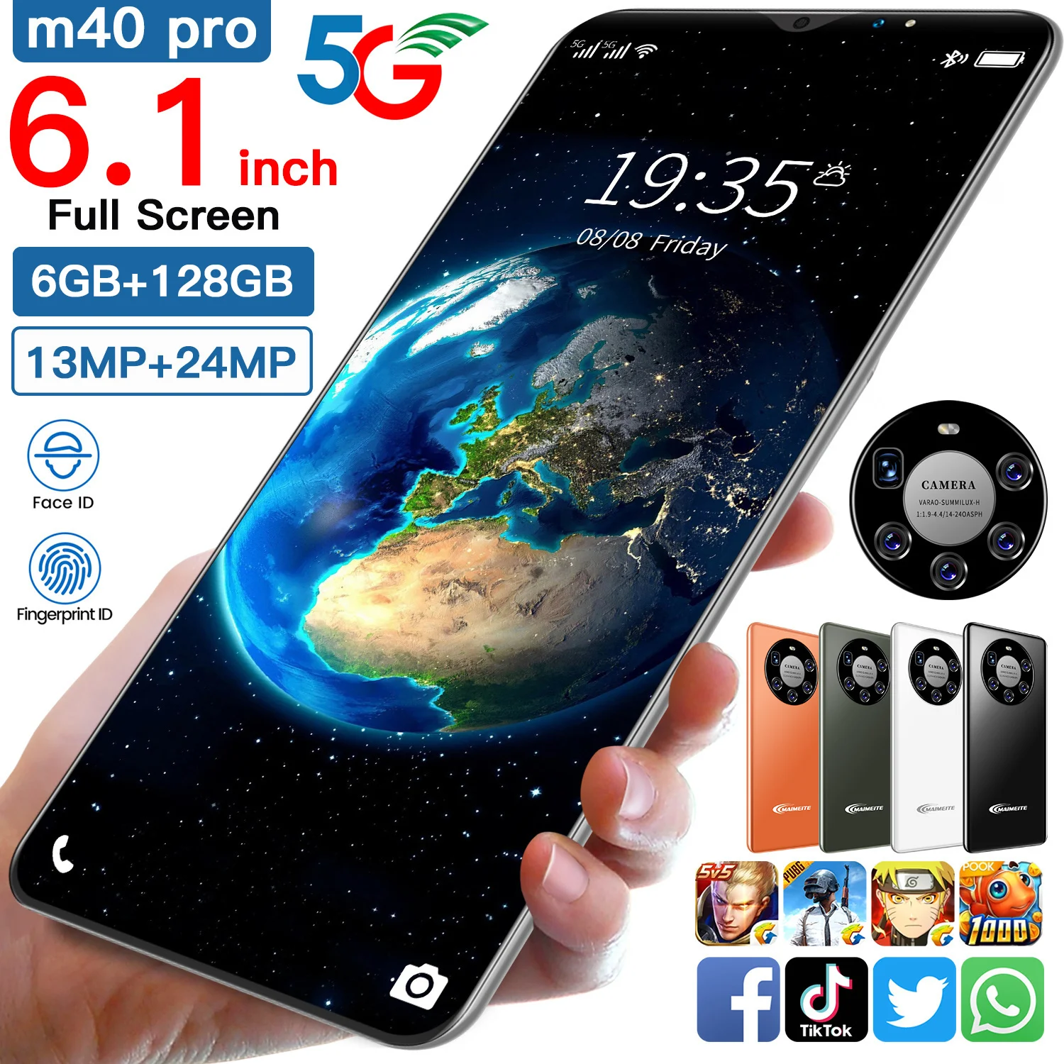 

Hot Sale Global M40 Pro 6.1 Inch 6+128GB Andriod Smart Phone Fingerprint ID Dual SIM+Micro SD Orange Color 4800mAh Mobile Phones