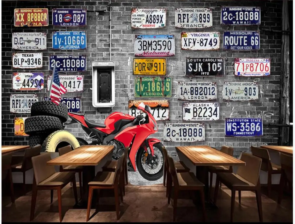 

Custom mural 3d photo wallpaper Nostalgic Retro Brick Wall License Plate Motorcycle decor living room wallpaper for wall 3 d