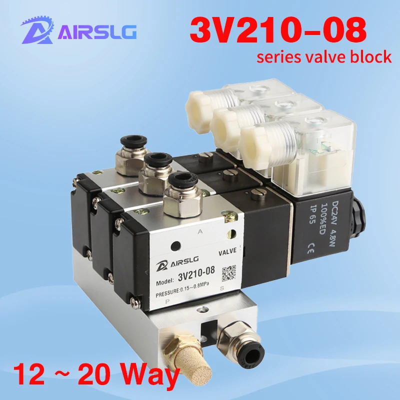 

NO 3V210-08 12~20way Electromagnetic Row Solenoid Valve Block With Muffler Fitting Base Manifold DC 12V 24V AC 110V 220V 380V