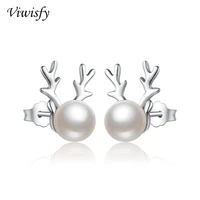 viwisfy solid 925 sterling silver earrings for girl vintage cute antlers pearl stud earrings women vw21042
