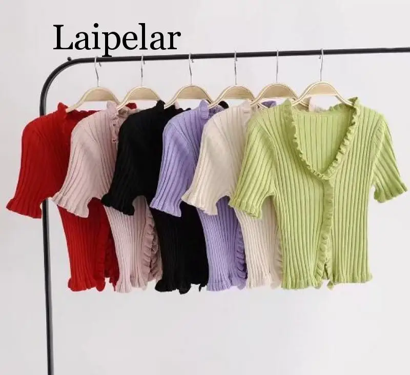 Laipelar деревянные уши Открытые Кнопки V шеи короткий рукав тройник новые женские