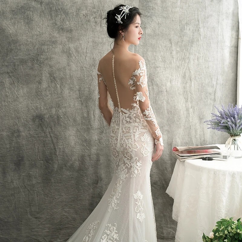 Платье свадебное кружевное с длинным рукавом и аппликацией HS02 | Свадьбы