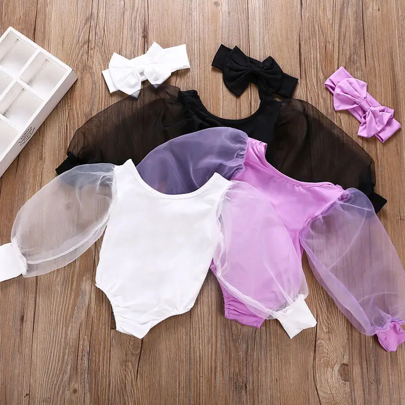 

2020 New Years Infant Kids Girls Bodysuits Lace Puff Long Sleeve Solid Jumpsuits Clothes 0-12M 2 Colors
