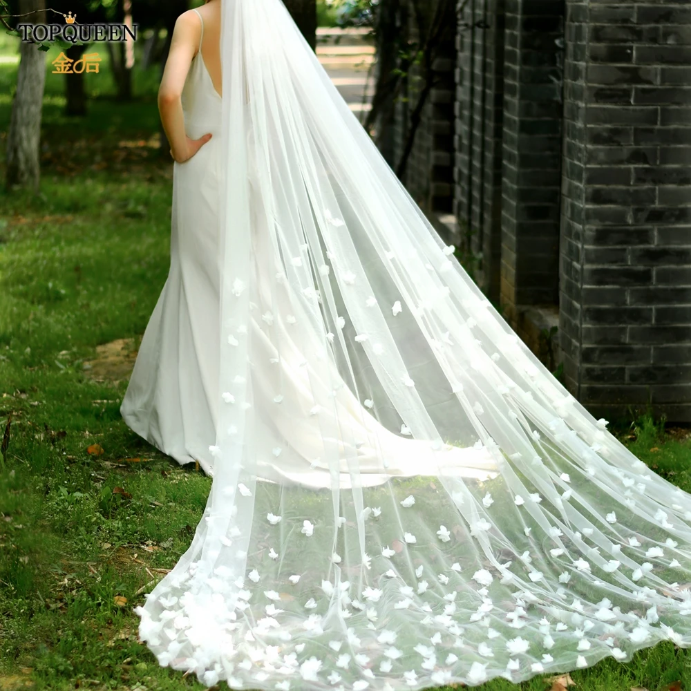 

TOPQUEEN V20s 3D Flowers Wedding Veil Luxurious Bridal Veils Wedding Long Veu Bride 5 Meters Cathedral Drop Veil Pure White VEIL