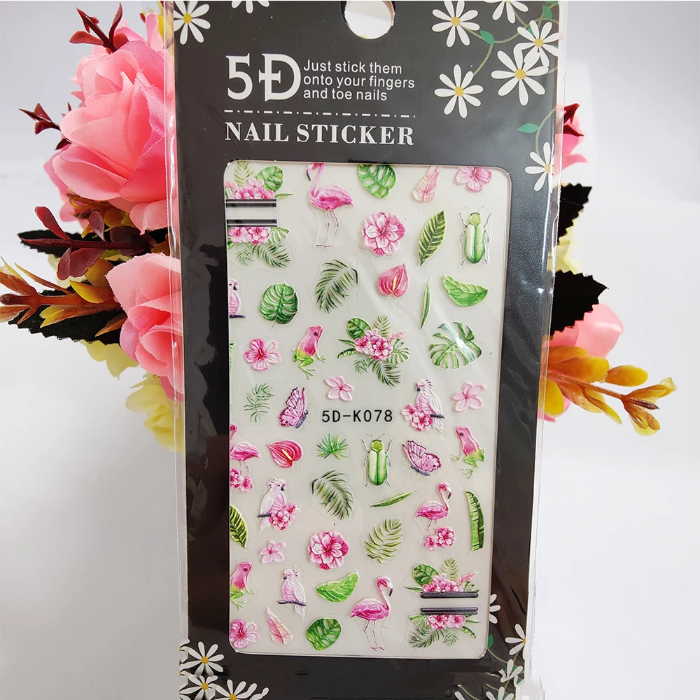 

5D Nail Sticker Anaglyph Effect Summer Flowers Leaf Flamingo Nail Art Decorations Self Adhesive Fashion Manicure Accessories