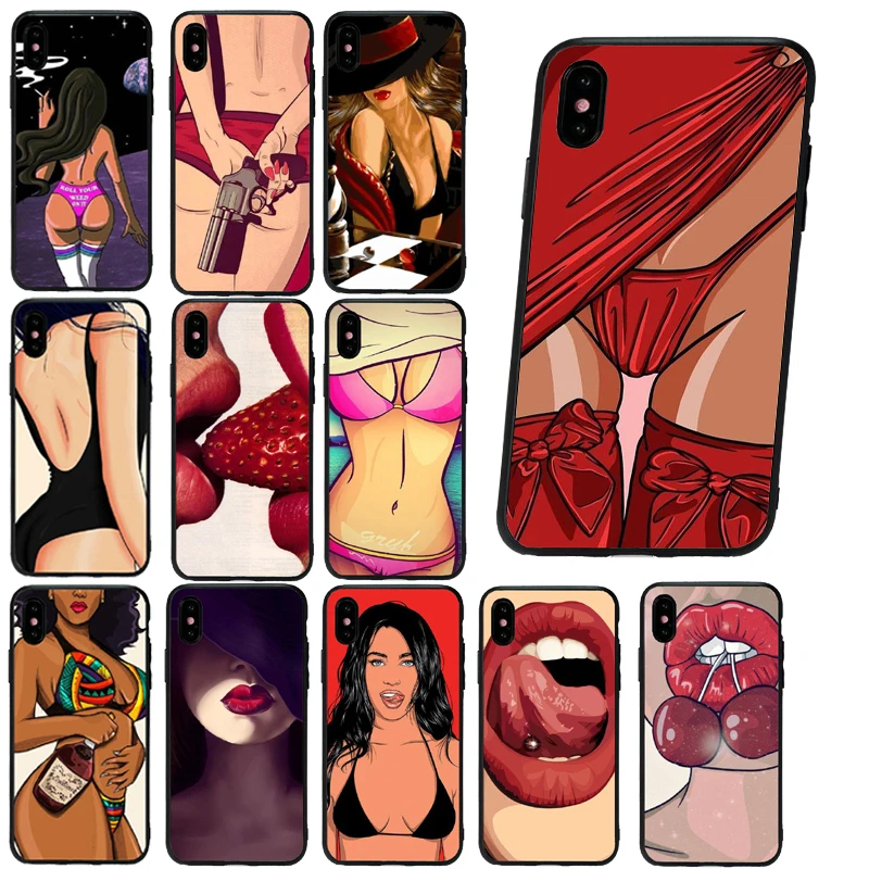 Сексуальный женский черный мягкий чехол для телефона из ТПУ с красными губами