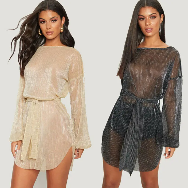 Women Dress Perspective Mesh Bodycon Summer Autumn Long Sleeve Sexy Party Dresses Vestidos Bandage Beach | Женская одежда