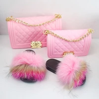 fur slides and purse set summer fashion fluffy slippers and handbags women colorful real fox fur slides with jelly purse