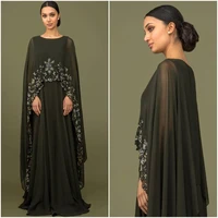 elegant black muslim mother of the bride dresses with cape long wrap appliqued chiffon godmother floor length wedding guest gown