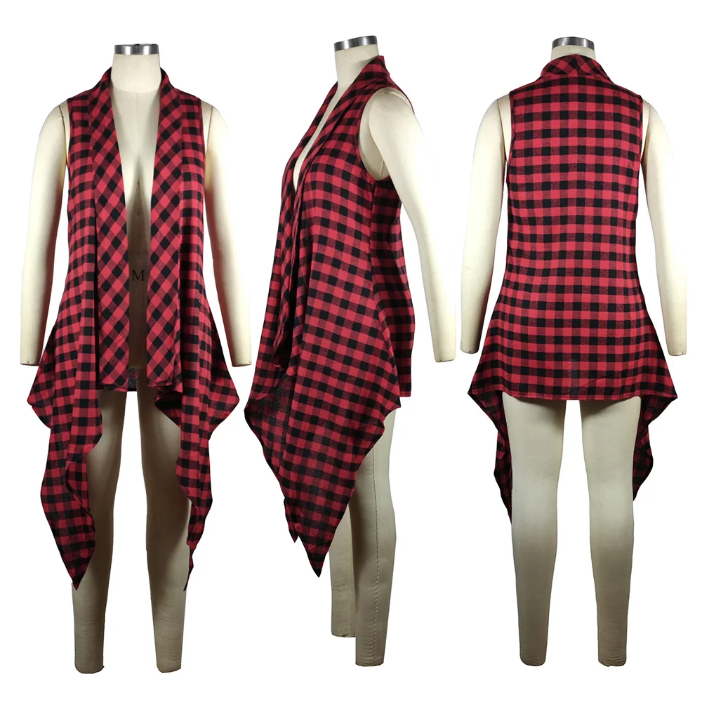 Женская длинная куртка в клетку Асимметричное пальто без рукавов с