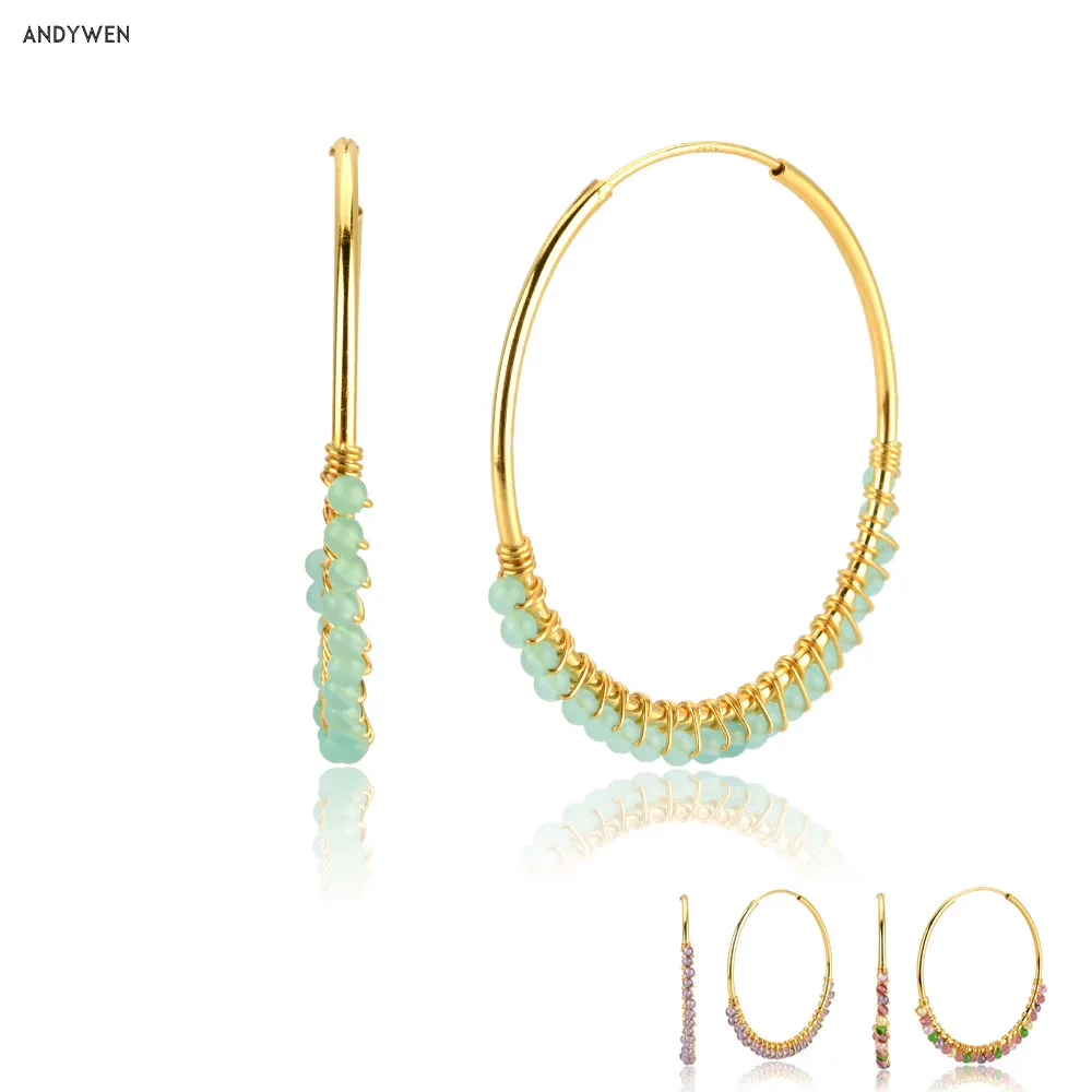 

ANDYWEN 925 Sterling Silver 40mm Summer Green Beads Hoop 2020 Rock Punk Moonstone Piercing Ohrringe Fashion Jewelry Pendiente