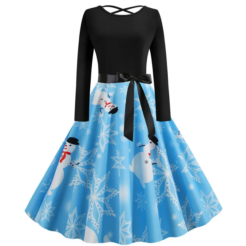 Женское рождественское платье с принтом на спине винтажное длинными рукавами 1950