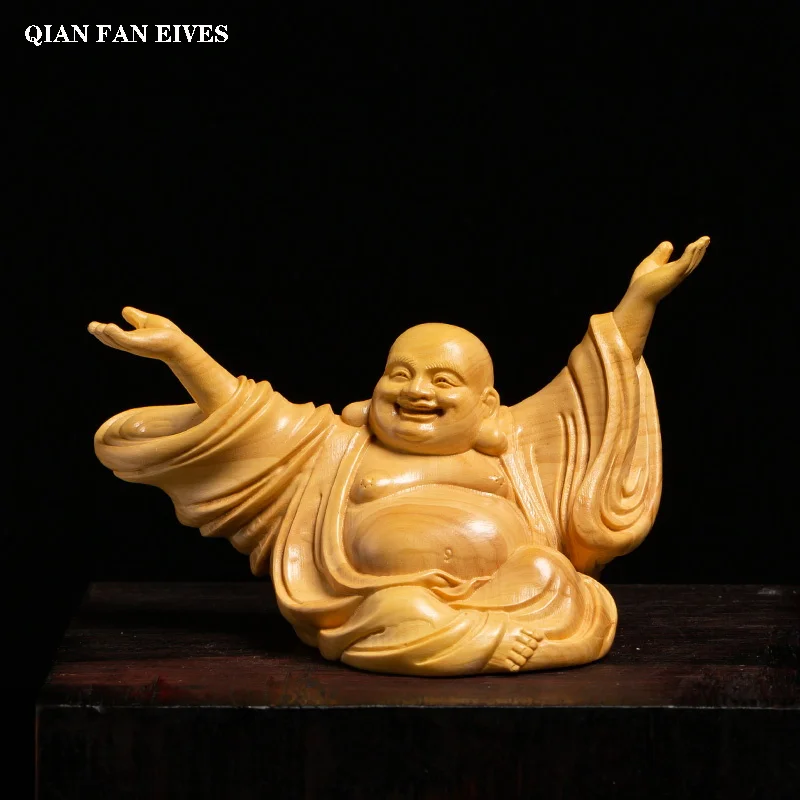 Solid wood hand-carved big belly laughing Buddha sculpture statue Wooden joy Amitabha Cute home decoration accessories  statue