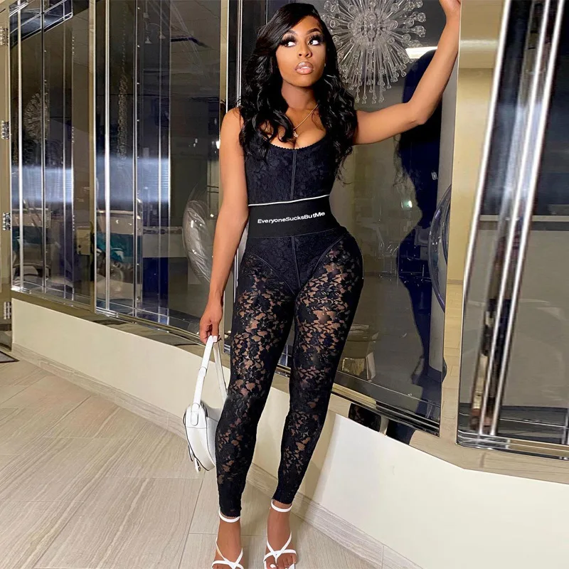 

Sexy Black Lace Patchwork Jumpsuit Women Casual Letter Print Sleeveless Zipper Leggings See Through Club Party Romper Overalls