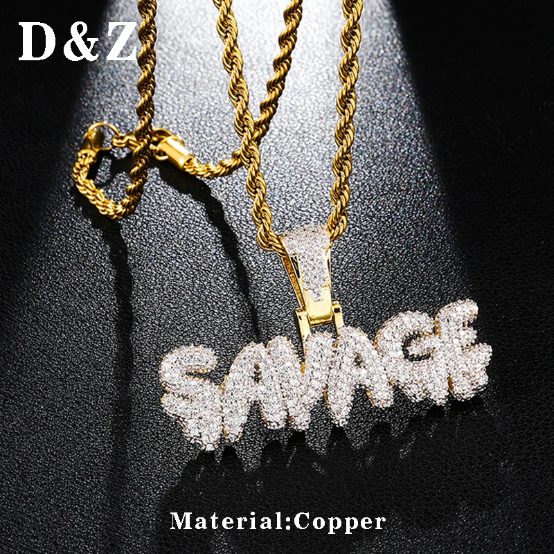 

D&Z Hip Hop Savage Letter Necklace For Men Bling Iced Out Micro Paved Zircon Letters Necklaces Pendants with Twisted Chain