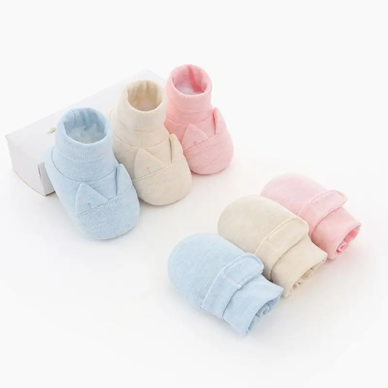 Новые хлопковые детские шапки перчатки комплект с футляром для новорожденных