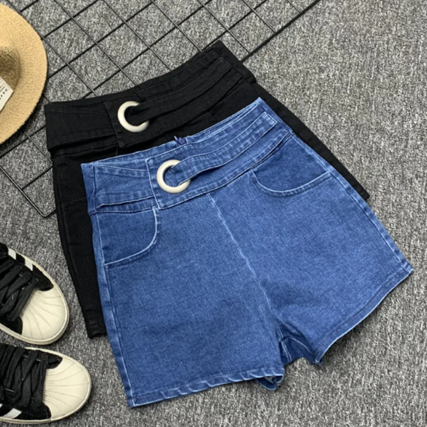 

High waist denim shorts women spring summer stretch slim bag hip tight wide leg A-line jeans shorts