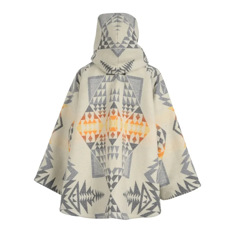 

2020 New Luxury Warm Outerwear Lady Jackets Vintage Geometric Print Wool Blends Winter Coat Womens Elegant Cloak Short Cape Coat