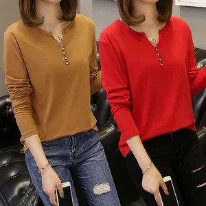 Большие женские футболки 2022 Осень Новые с длинным рукавом Кнопка v-образным вырезом Твердые футболки повседневные Hypertrophy свободные футболки топы
