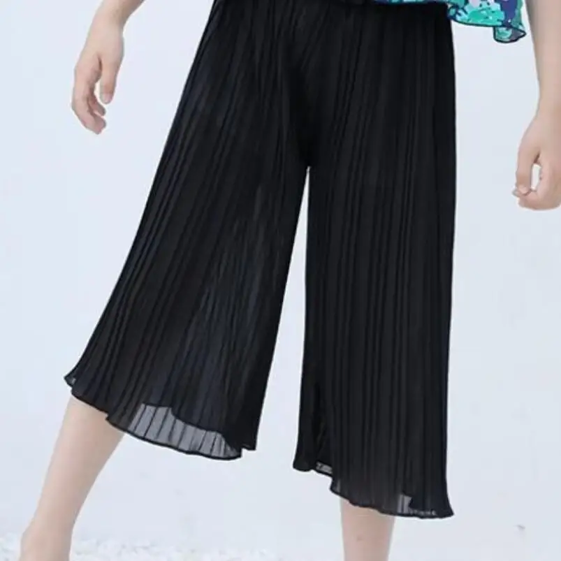 black kids pants Летние Детские Свободные плиссированные штаны для школьниц однотонная одежда для малышей и подростков детские штаны для детей 6, 8, 10, 12 лет - Цвет: black kids pants