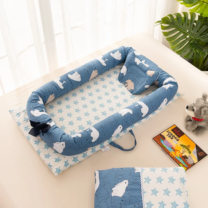 

90*50CM Baby Nest Bed with Pillow Portable Crib Travel Bed Infantial Cotton Cradle Removable Washing For Newborn Bassinet Bumper