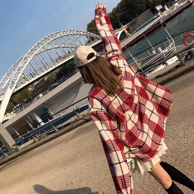 Зимняя женская куртка 2019 зимнее Новое красное и белое клетчатое пальто