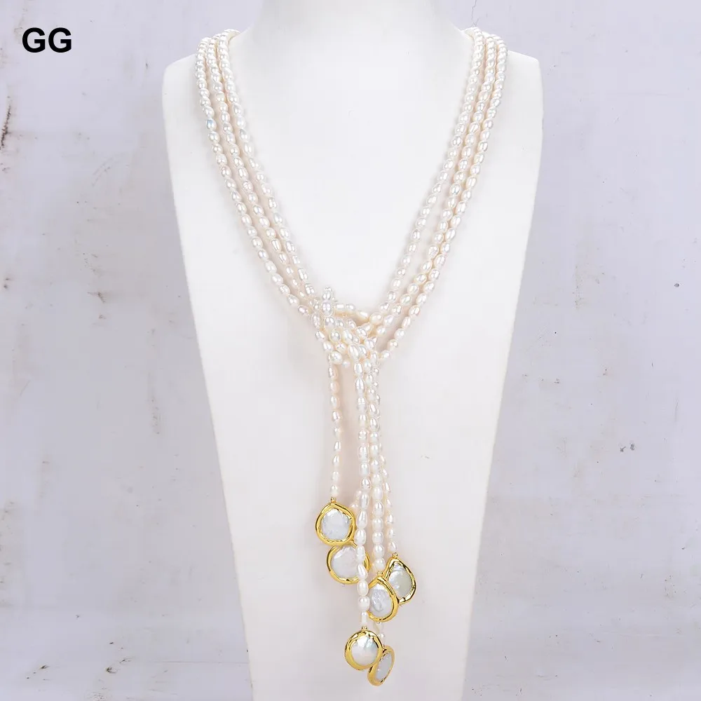 

GG Jewelry 3 Strands Natural Cultured White Rice Pearl Teardrop Pearl Lariat Long Sweater Chain Necklace 50''