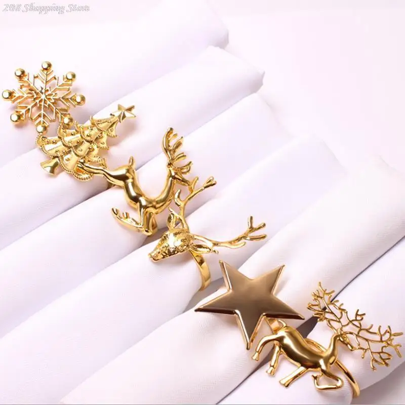 2022 New Christmas Napkin Rings Elk Xmas Tree Snowflakes Alloy Napkin Holders Napkin Buckle for Party Dinner Table Decor