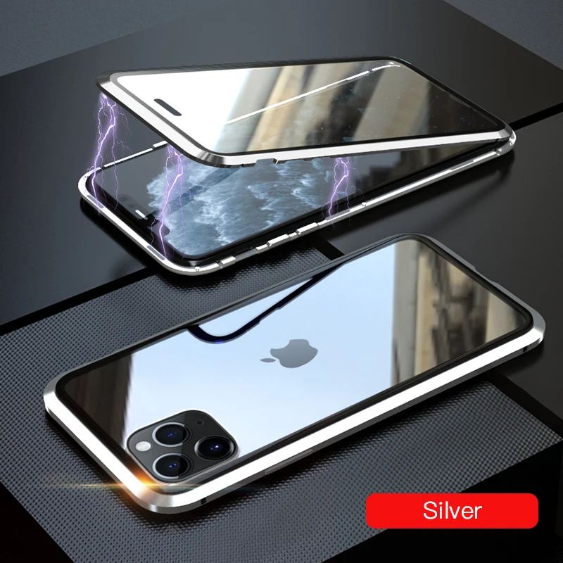 Silver LUPHIE, Магнитный чехол на 360 градусов для iPhone 11 Pro Max, чехол, передний и задний стеклянный чехол для iPhone 11 pro Max, Магнитный чехол - Цвет: Silver