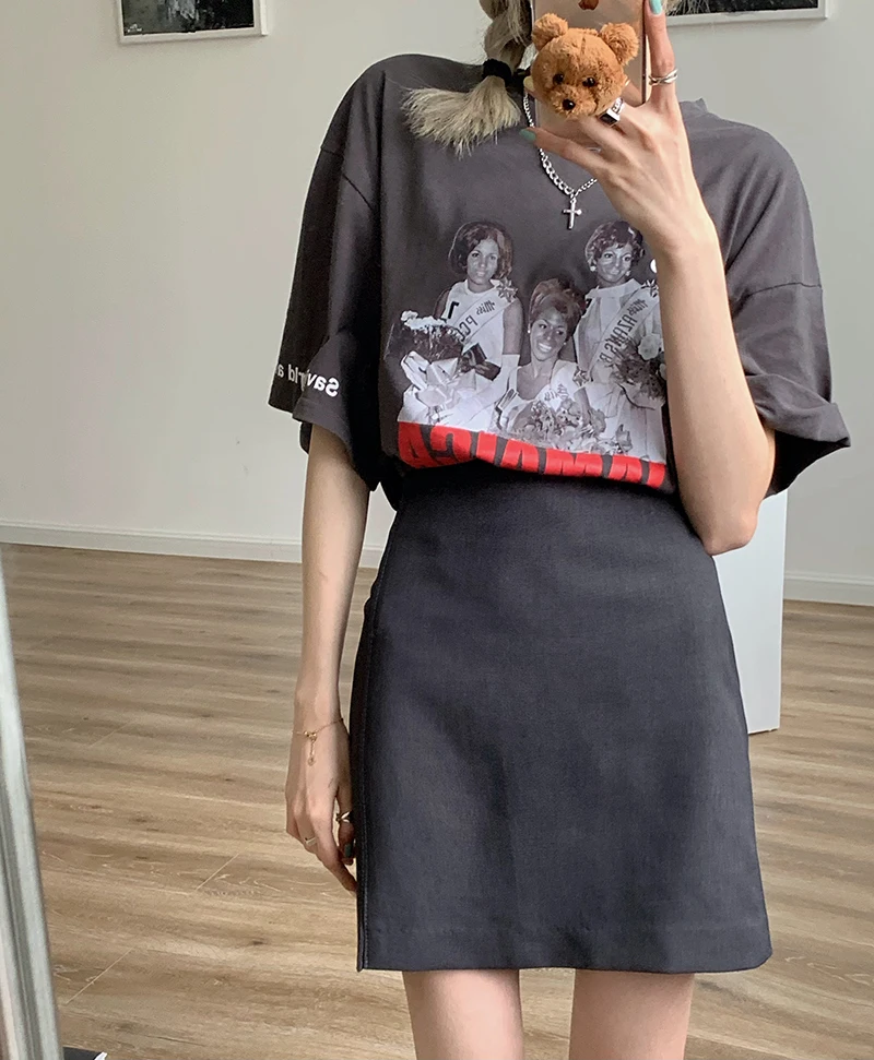 

T-shirt for Women 2021 Summer New Harajuku Style round Neck Loose Printed Mid-Length Short Sleeve Bottoming Shirt Top Ins
