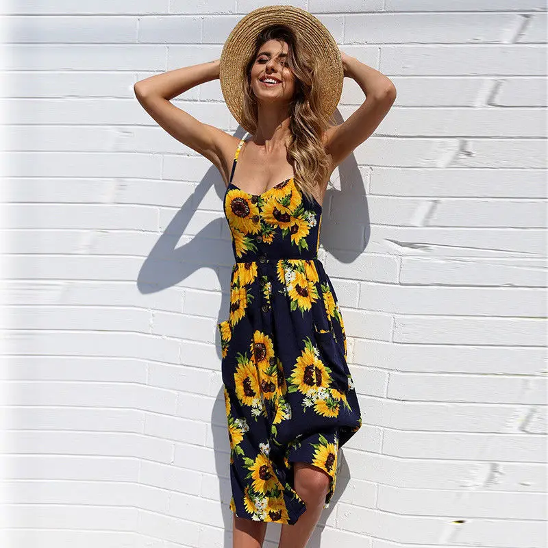 

V Neck Backless Floral Print Summer Beach Dress Women 2019 Boho Striped Button Sunflower Daisy Pineapple Party Dresses Vestido