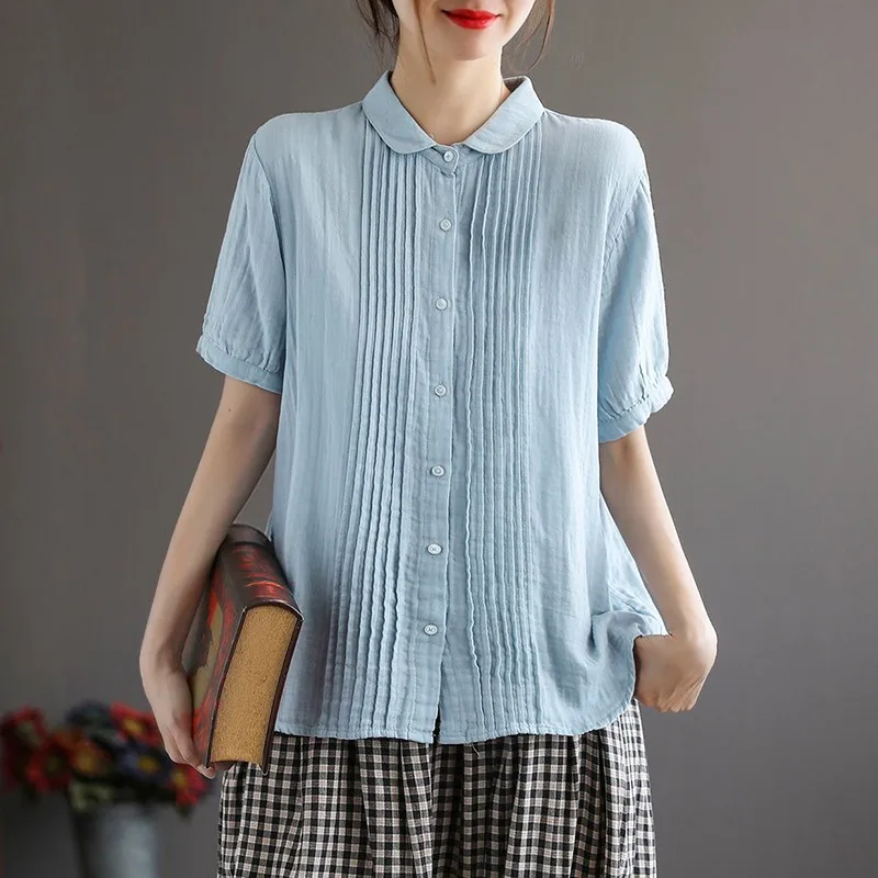 

100% Cotton Women Casual Shirts New Arrival 2021 Summer Simple Style Peter Pan Collar Loose Ladies Short Sleeve Tops Shirt D053