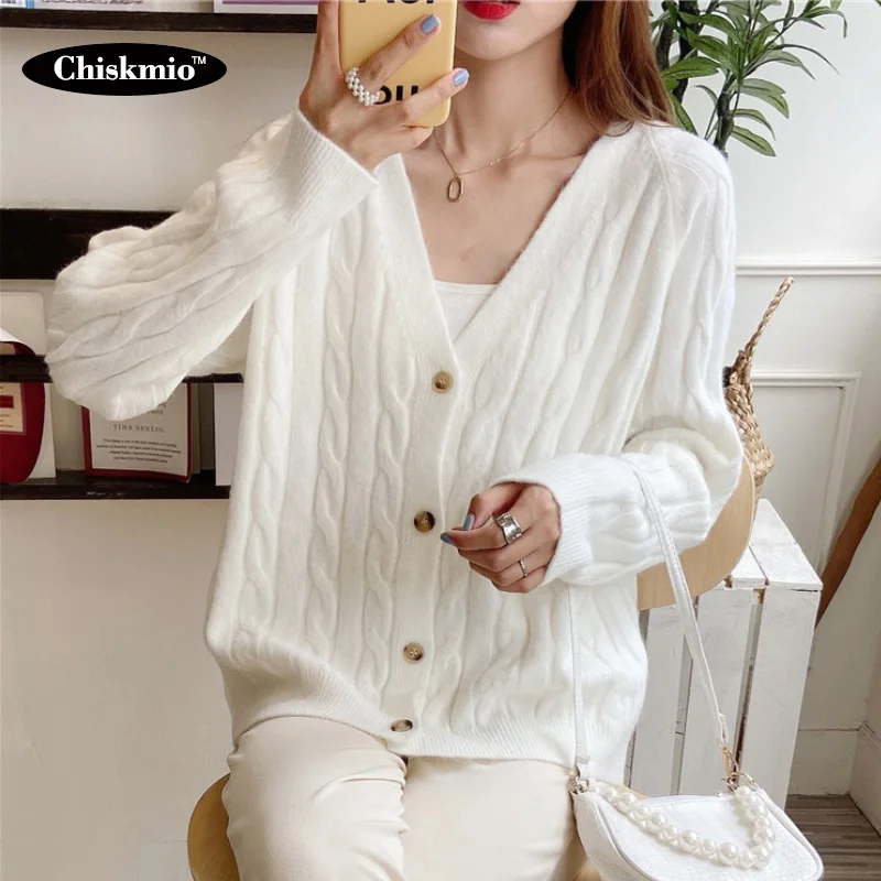 

Thick Twist Knit Sweater Women V-Neck Knitted Cardigan Loose Casual Knitting Outwear 2020 New Knitwear Ladies Winter clothing
