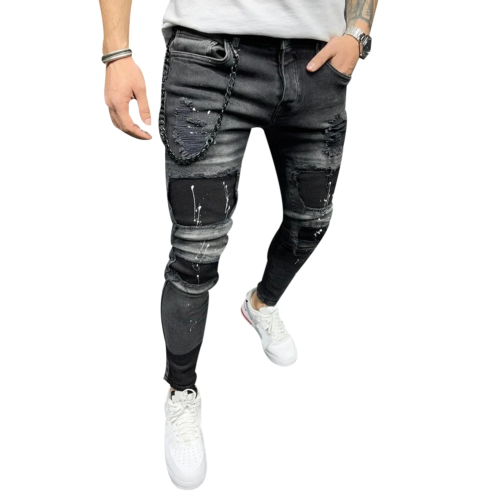 

Men's Quilted Padded jeans Skinny Ripped Grid Stretch Denim Pants MAN Elastic High Waist Jogging Denim Pencil Long Pants D30