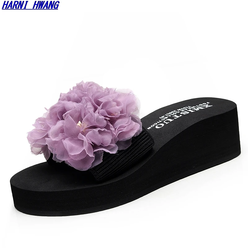 

Summer Fashion And Comfortable Slippers Flower Decoration Simple Wedge Heel Women's Sandals Outdoor Street Flat Shoes Size 36-42