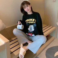 disney mickey mouse autumn winter womens trouser suits soft pijama mujer home clothes black top sheer pant pyjama pour femme