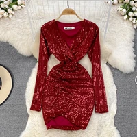 spring autumn new fashion girl sexy red gold black sequin dress women deep v neck pleated irregular bodycon party club dresses
