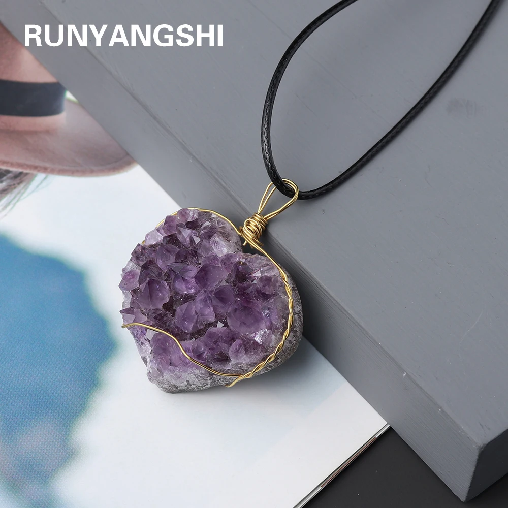 

1PC natural crystal amethyst love heart clustered hand knitting pendant fashion necklace Lucky stone