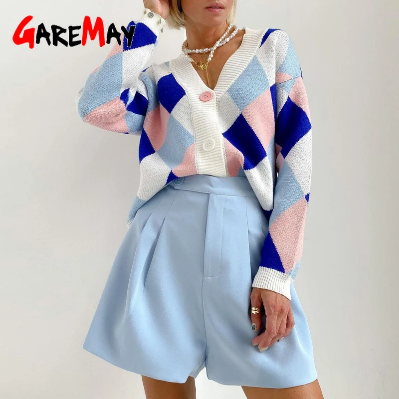 Зимний вязаный женский кардиган Осенний Зеленый Клетчатый свитер с v-образным