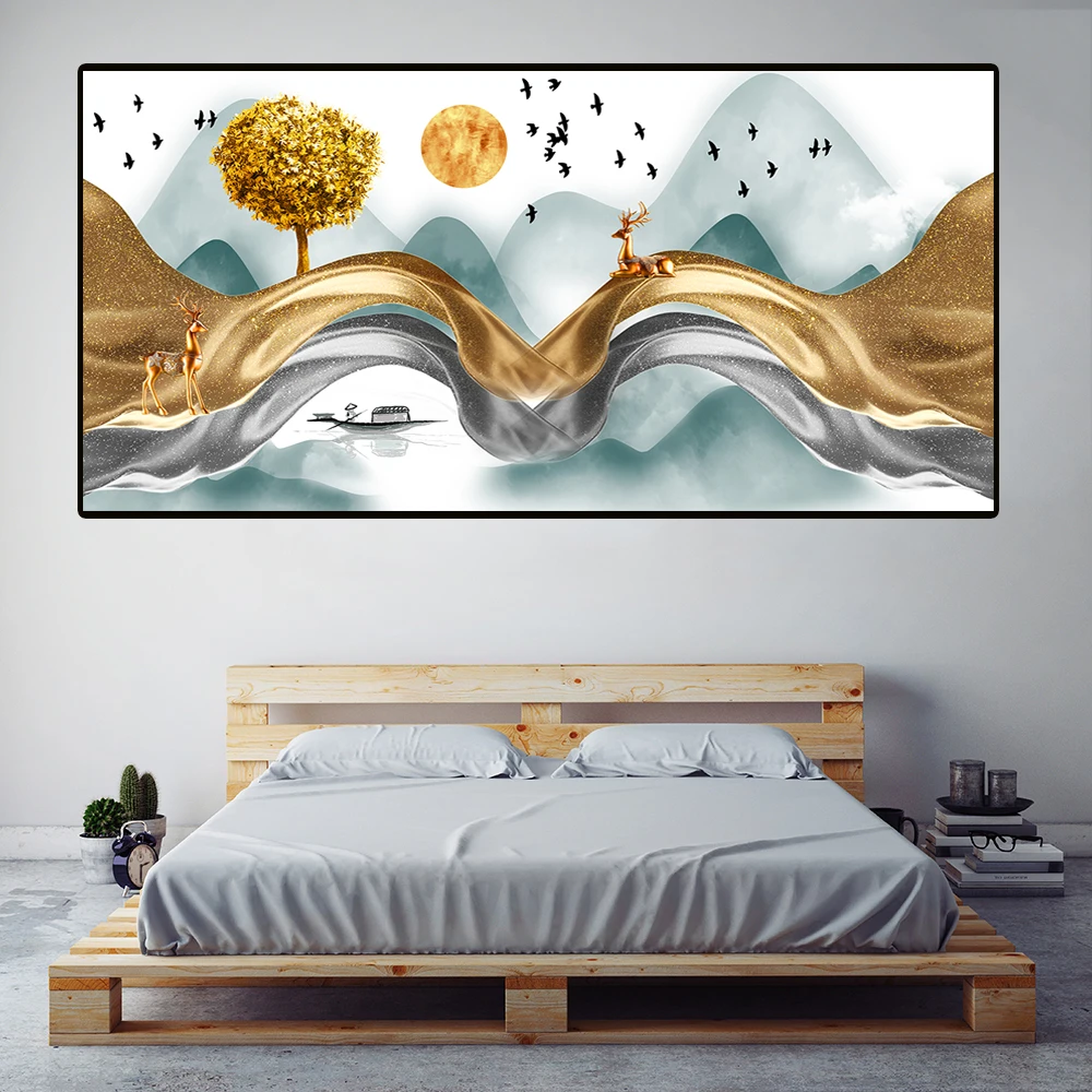 

Wall Art Nordic Modern Poster Golden Abstract Mountain Bird Landscape Canvas Paintings For Living Room Home Decoration Unframed